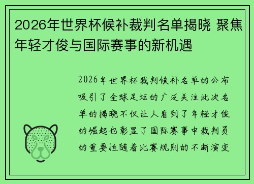 2026年世界杯候补裁判名单揭晓 聚焦年轻才俊与国际赛事的新机遇 2026年世界杯候补裁判名单揭晓 聚焦年轻才俊与国际赛事的新机遇